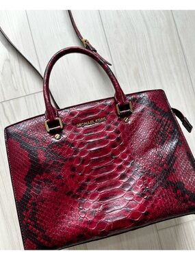 MICHAEL KORS Red and Black Python Cinnabar Anaconda Embossed Leather Selma Tote